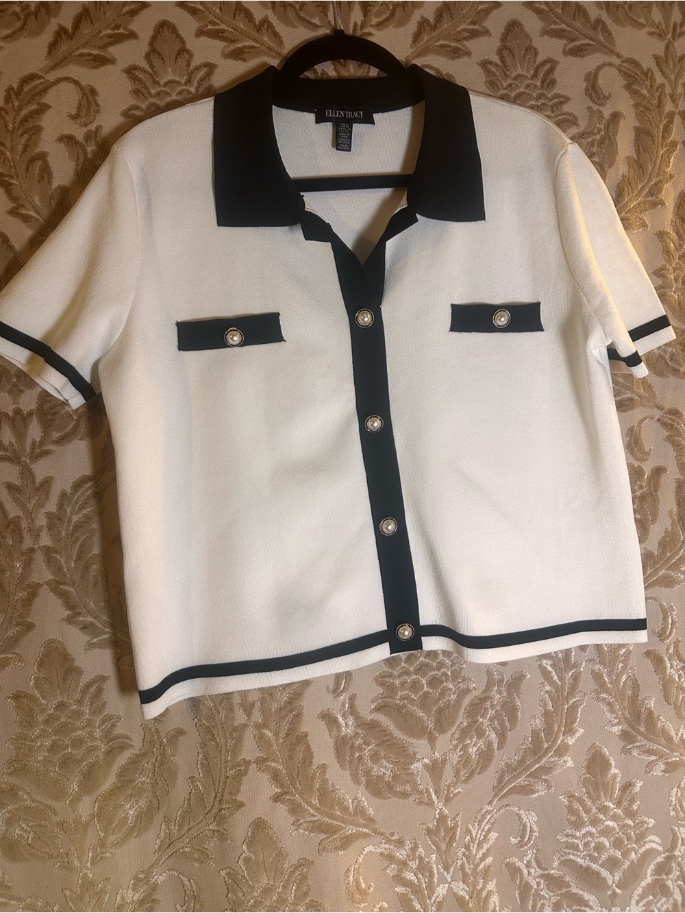 Ellen Tracy White Knit Polo with Black Trim and Buttons